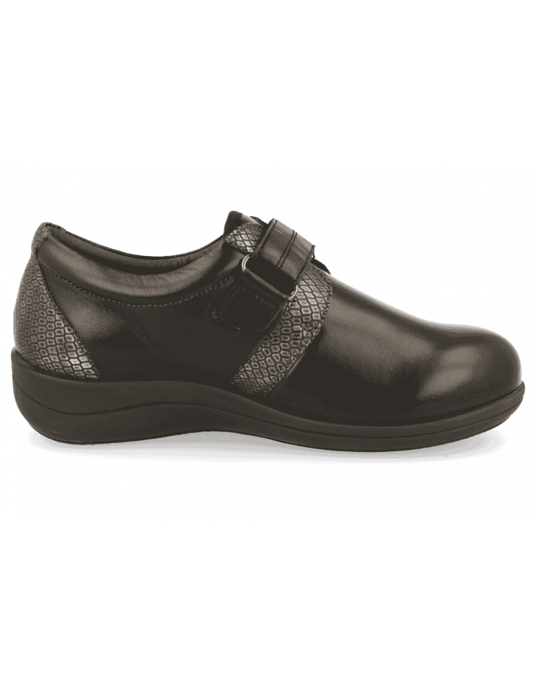 ZAPATOS ANCHOS SEÑORA PARA PIES DELICADOS, LARA 01 NEGRO - Piel y licra,  extra ancho.