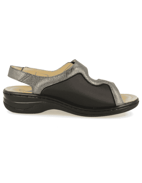 SANDALIA JULIA NEGRO-PLATA D'Torres®, PARA PIES DELICADOS Y ANCHOS CON JUANETES