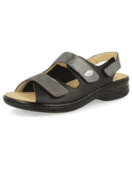 SANDALIA JULIA NEGRO-PLATA D'Torres®, PARA PIES DELICADOS Y ANCHOS CON JUANETES