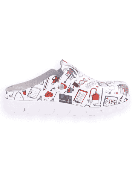 SANITARY COMFORT CLOGS, MASTER BACK STRAP WHITE ICONS