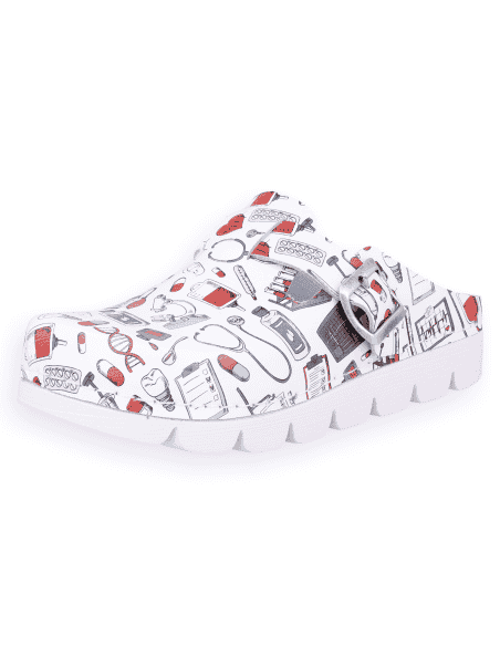 SANITARY COMFORT CLOGS, MASTER BACK STRAP WHITE ICONS