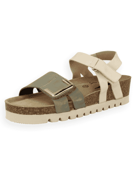 Lima Caqui-Beige | Sandalia Anatómica Cuña 4 cm Corcho | Piel Serraje | Velcro | D'Torres®
