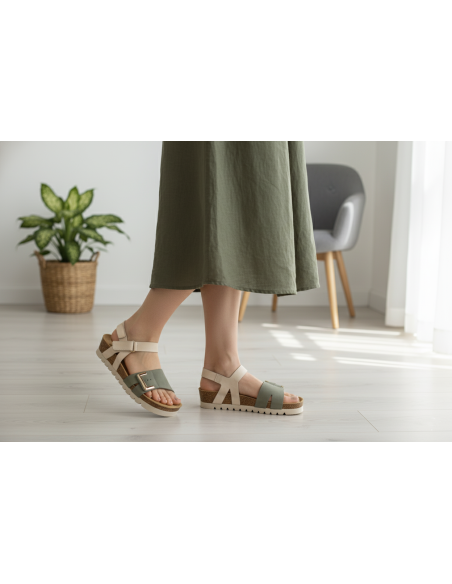 Lima Caqui-Beige | Sandalia Anatómica Cuña 4 cm Corcho | Piel Serraje | Velcro | D'Torres®