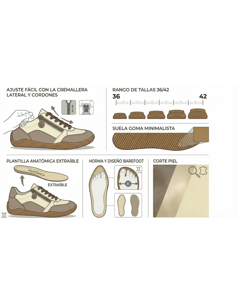 Sapatilhas Jara Barefoot Pés Largos - Pele Napa...