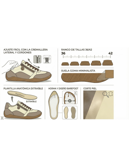 Jara, Zapatilla Deportiva horma Barefoot, en Piel con Tecnología NubeFit™ para Pies Anchos | D'Torres®